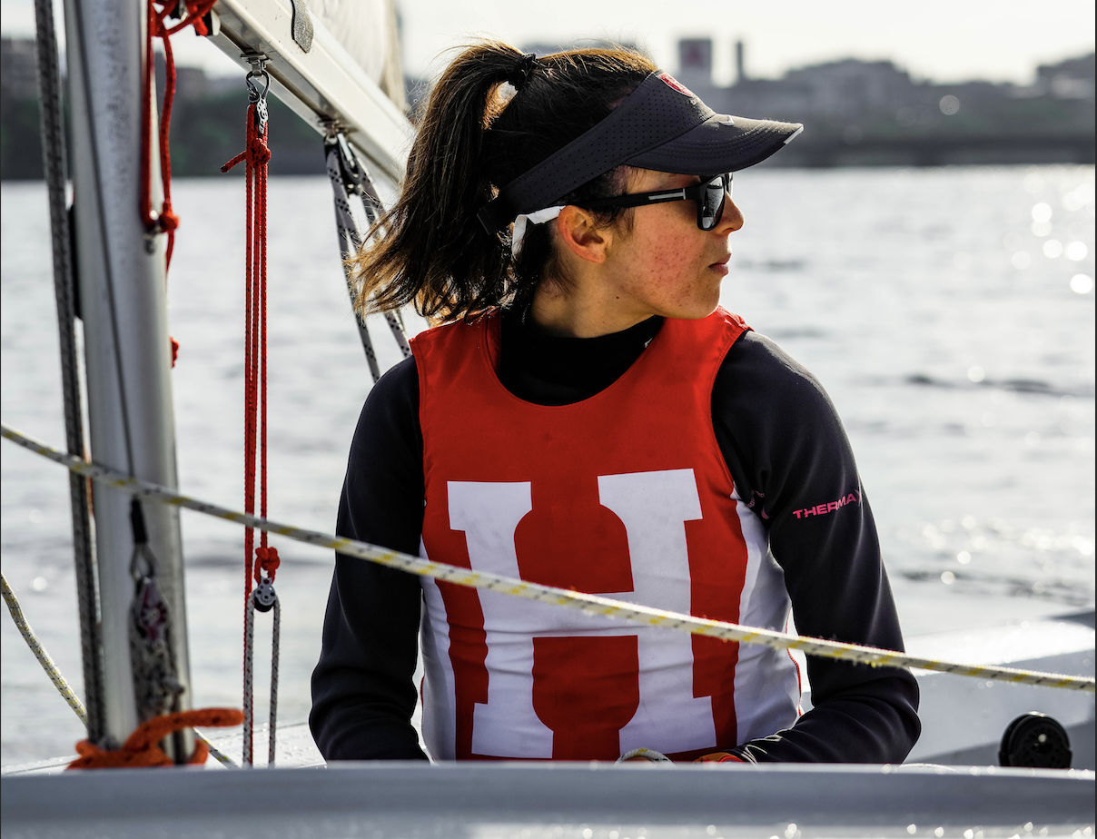 Senior sailor Marbella Marlo casts her eyes on the sea during a Fall 2023 race. The Newport Beach, Calif. native recently took first place in division A at the Danmark Trophy hosted by Coast Guard Academy.