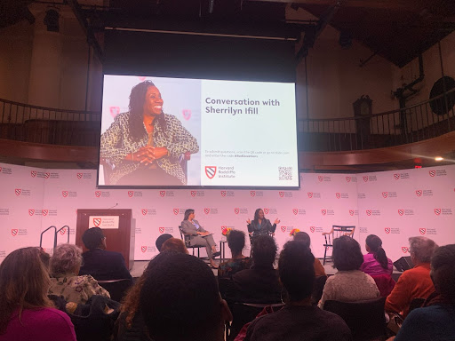 Harvard Radcliffe Institute Dean Tomiko Brown-Nagin, left, and civil rights lawyer and scholar Sherrilyn Ifill, right, discuss the end of affirmative action at a Radcliffe event Wednesday.