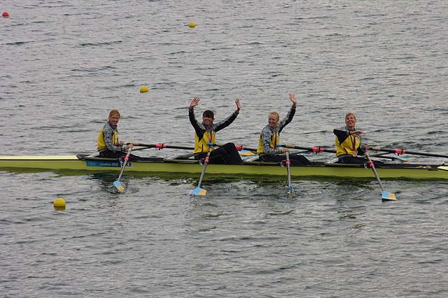 At the 2012 London Summer Olympics, pictured from left to right, Kateryna Tarasenko, Nataliia Dovgodko, Anastasiia Kozhenkova and Yana Dementieva celebrate their gold-medal win.