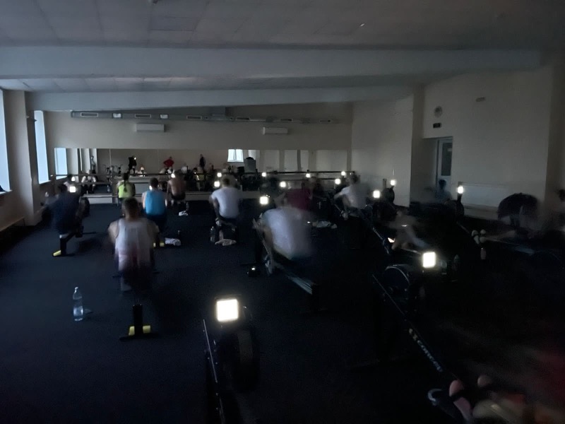 The Ukraine National Team has rowing practice on the ergs.