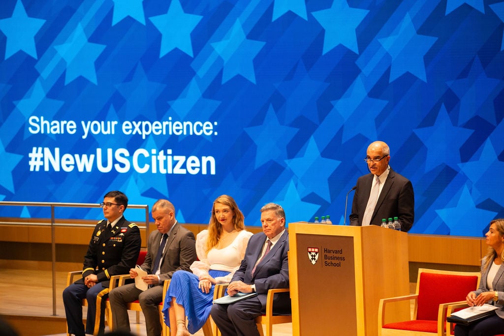 Srikant Datar, the dean of Harvard Business School, spoke at a naturalization ceremony hosted by HBS Tuesday.