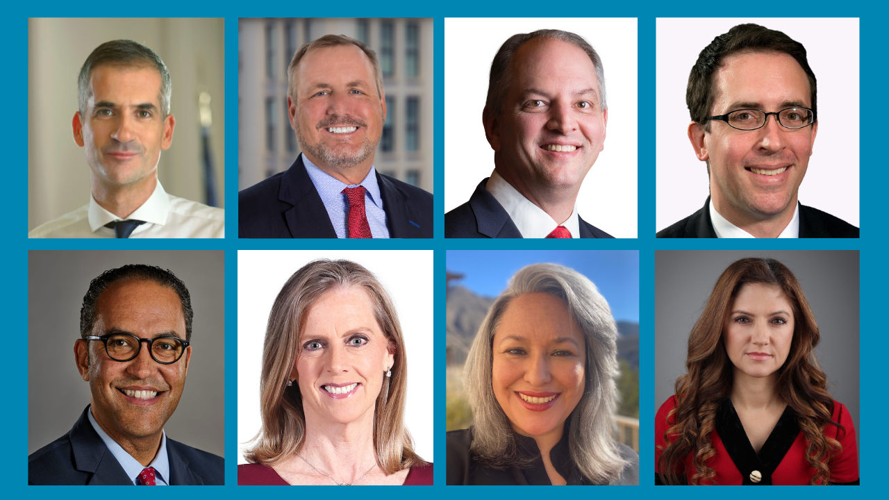 Pictured from left to right, the incoming spring 2024 Harvard Institute of Politics fellows: In the top row, Kostas Bakoyannis, Jeff Denham, John Bel Edwards, ands Josh A. Gerstein ’91; and in the bottom row, Will Hurd, Alison King, Grisella M. Martinez, and Erika Mouynes.