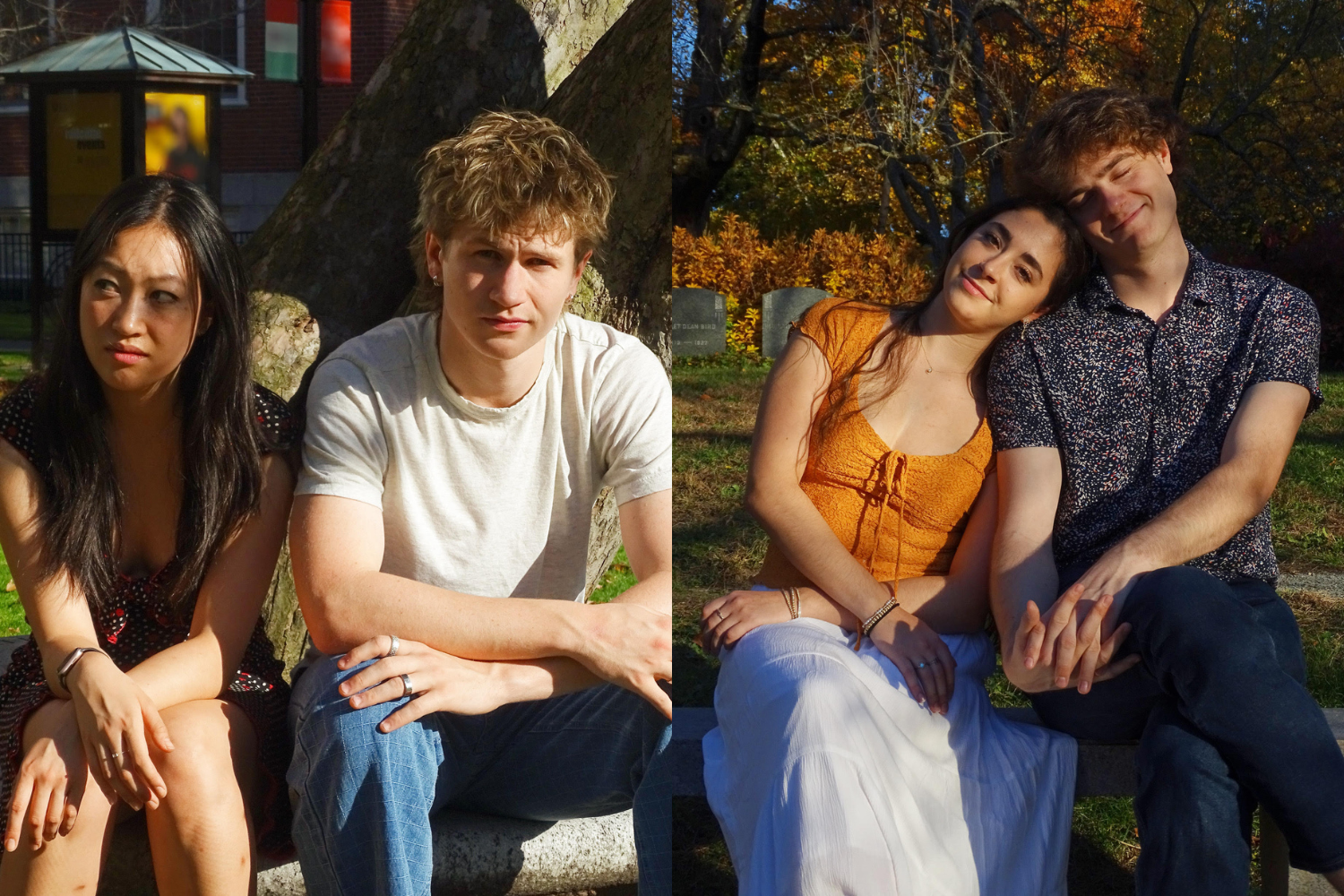 The two casts (Tia A. KwanBock ’25 and Robbie S. Owen ’25, and Anna S. Fitzimmons ’25 and R. Will Jevon ’27) of "Speed Bumps, And Other Things Jesus Wouldn't Have Wanted."