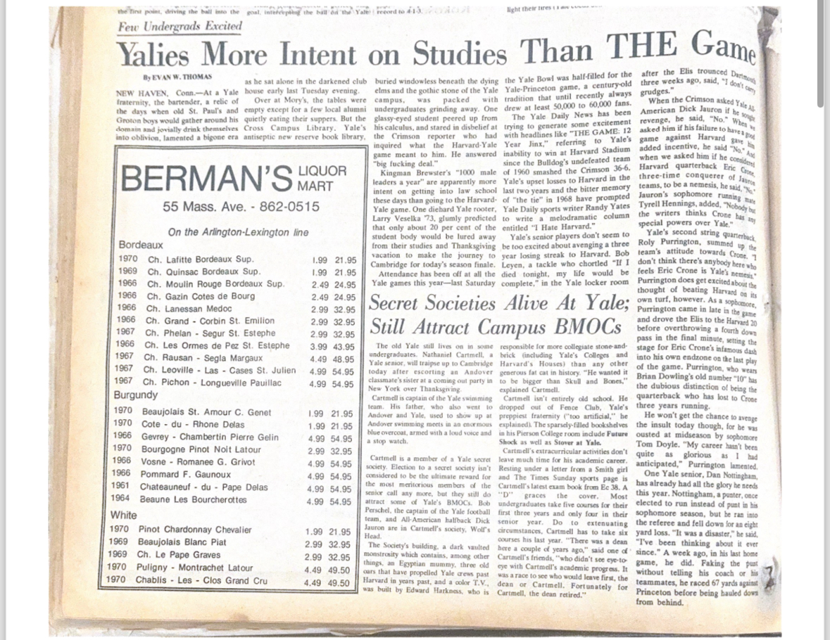 Evan Thomas '73 writes a collumn ahead of the Harvard-Yale game.