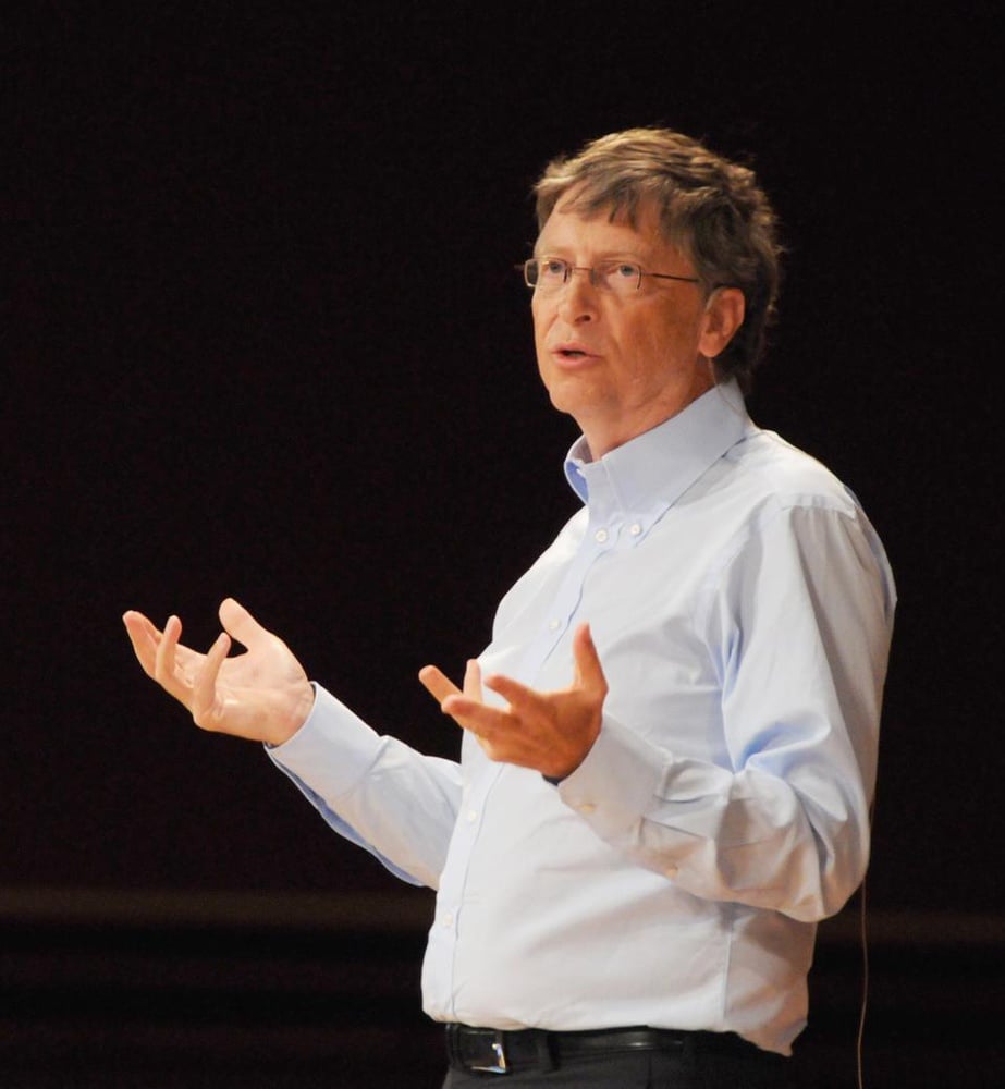 Bill Gates speaks at Harvard during a visit to campus, decades after launching Microsoft as a Harvard sophomore.