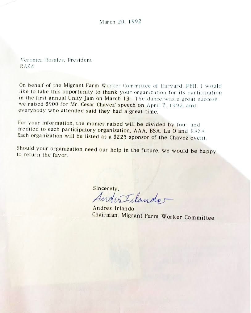 Letter from 1992 Migrant Farm Workers Committee Chairman Andres Irlando thanking RAZA for participating in a fundraiser event. He pledges to return the favor in the future.