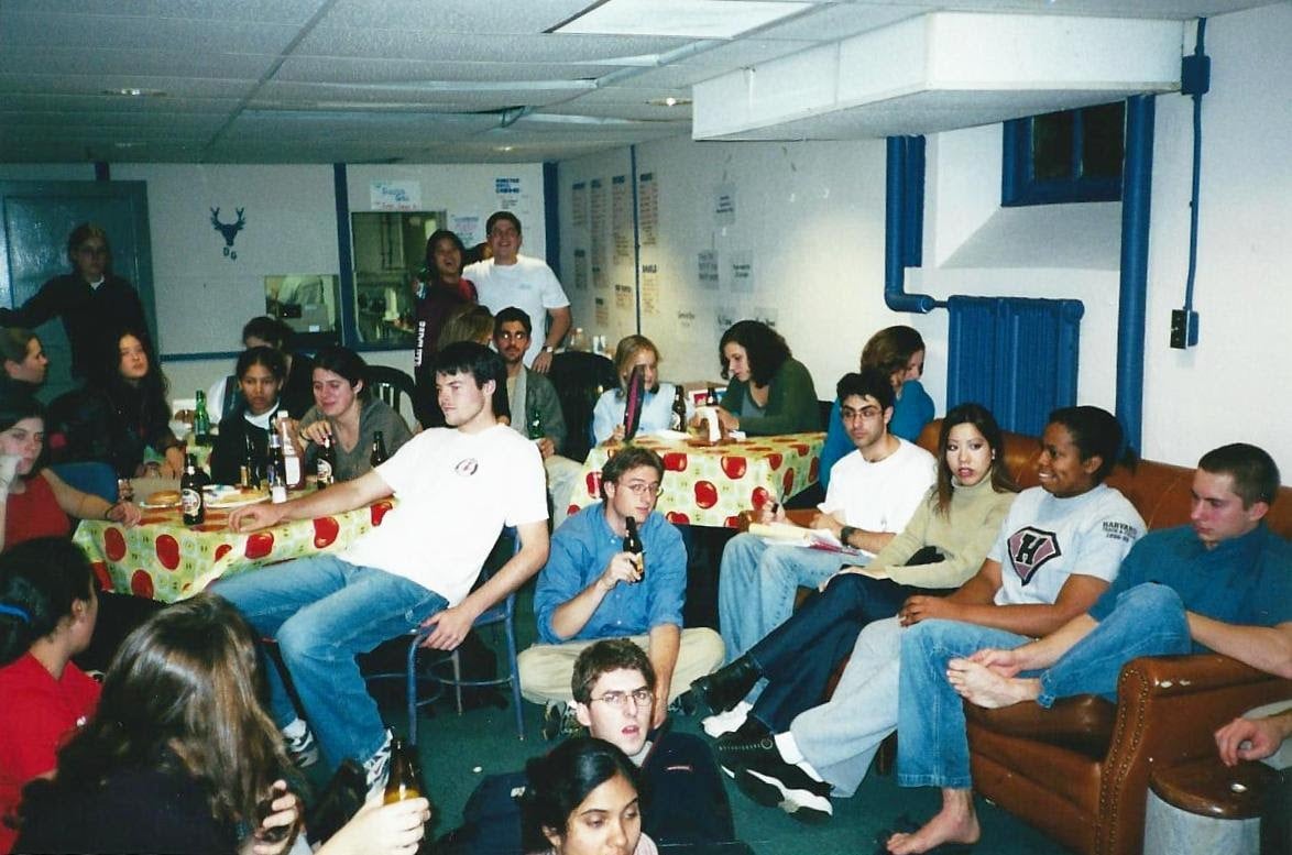 Students watch the 2000 presidential election returns at an election party in the Dunster Grille.