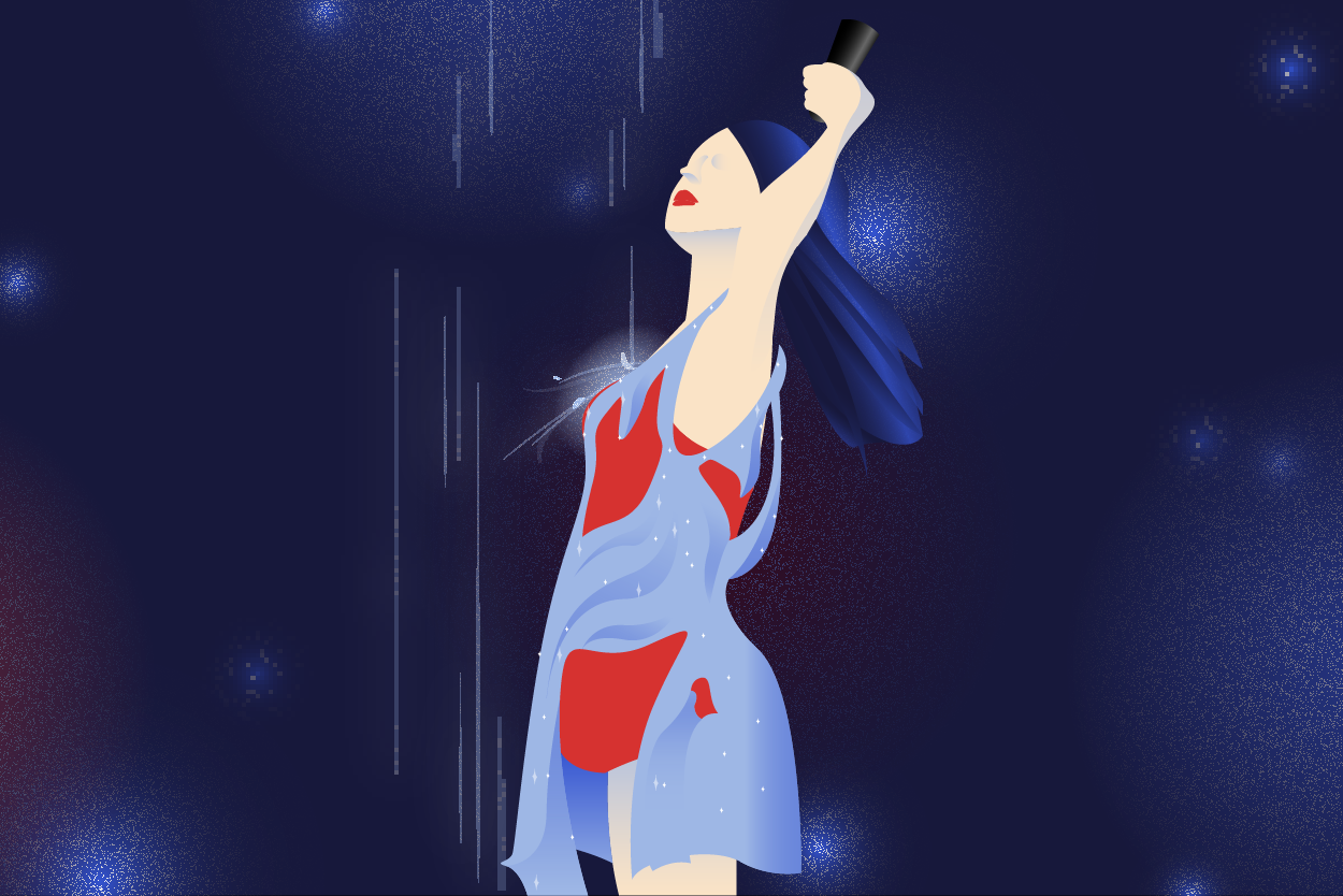 During Olivia Rodrigo's concert, artificial rain melted away her white minidress to reveal a cherry red corseted bodysuit.